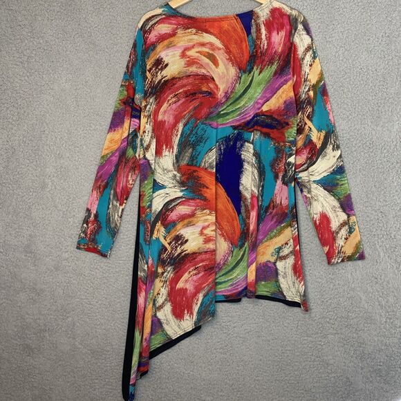 MISHCA Top Artsy Colorful Poly Knit Long Sleeve Asymmetrical Hem Sz XL Stretch - Picture 10 of 14